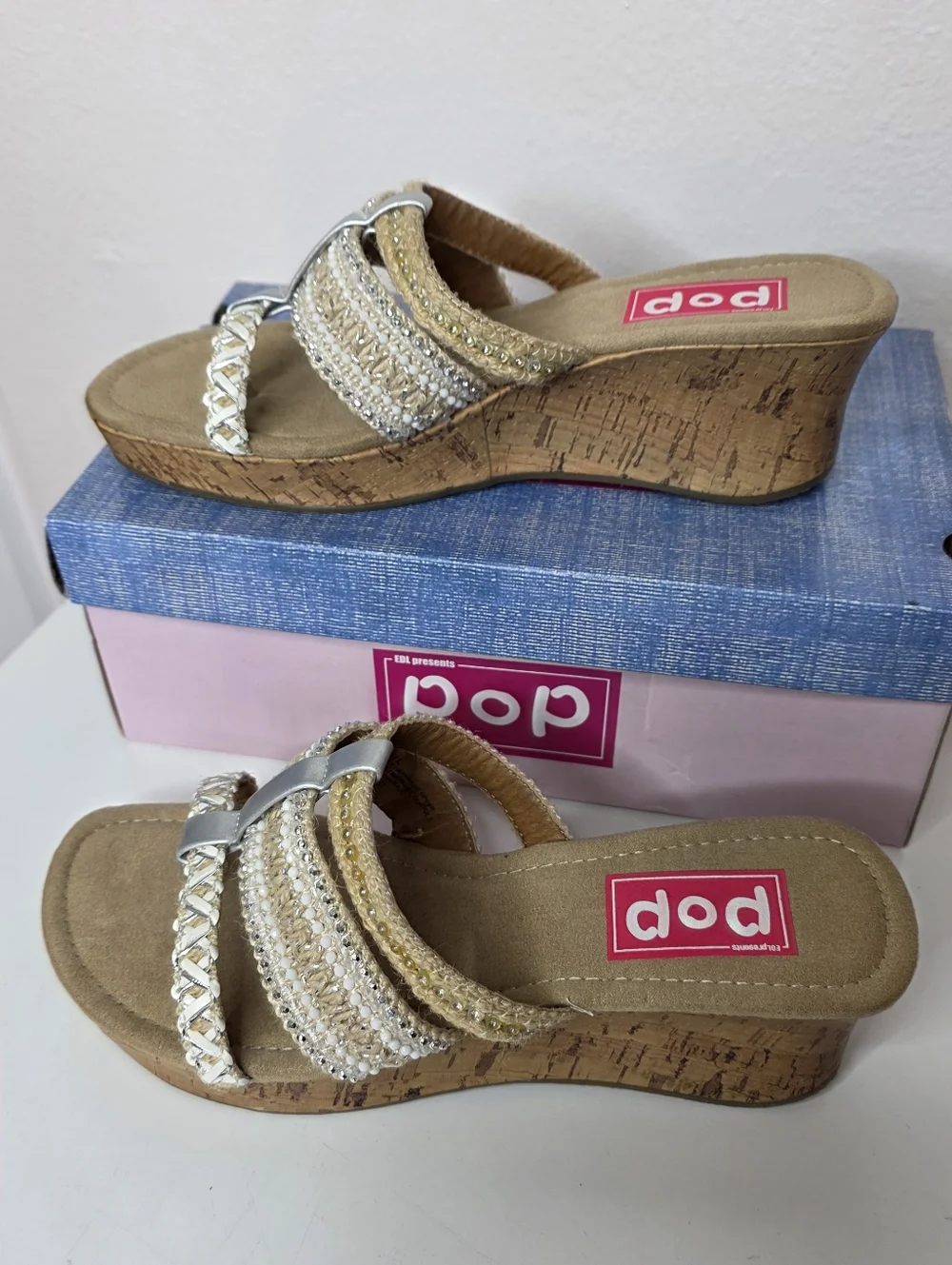 POP Kern Trail Silver & Natural Cork Wedge Thong Slip On Sandals New In Box 9m